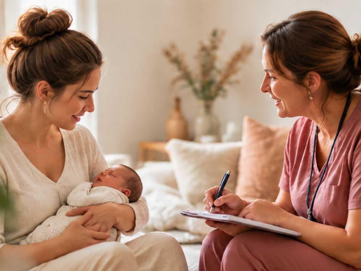 Hebamme im Beratungsgespräch mit einer Mutter und ihrem Baby