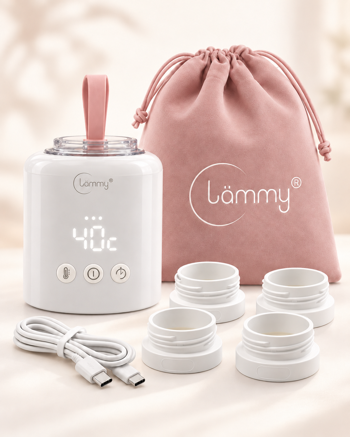 LÄMMY 2.0 Flaschenwärmer mit Samtbeutel, Adaptern, Ersatzdichtung und USB-C-Kabel