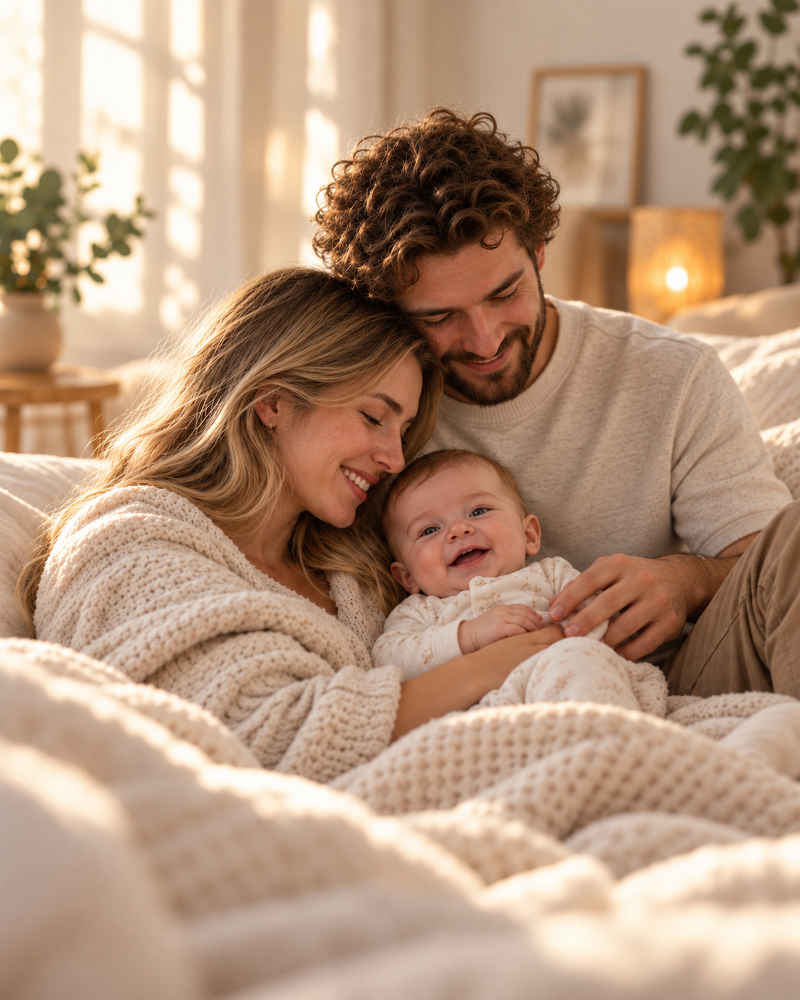 Familie mit Baby in einem hellen Zuhause